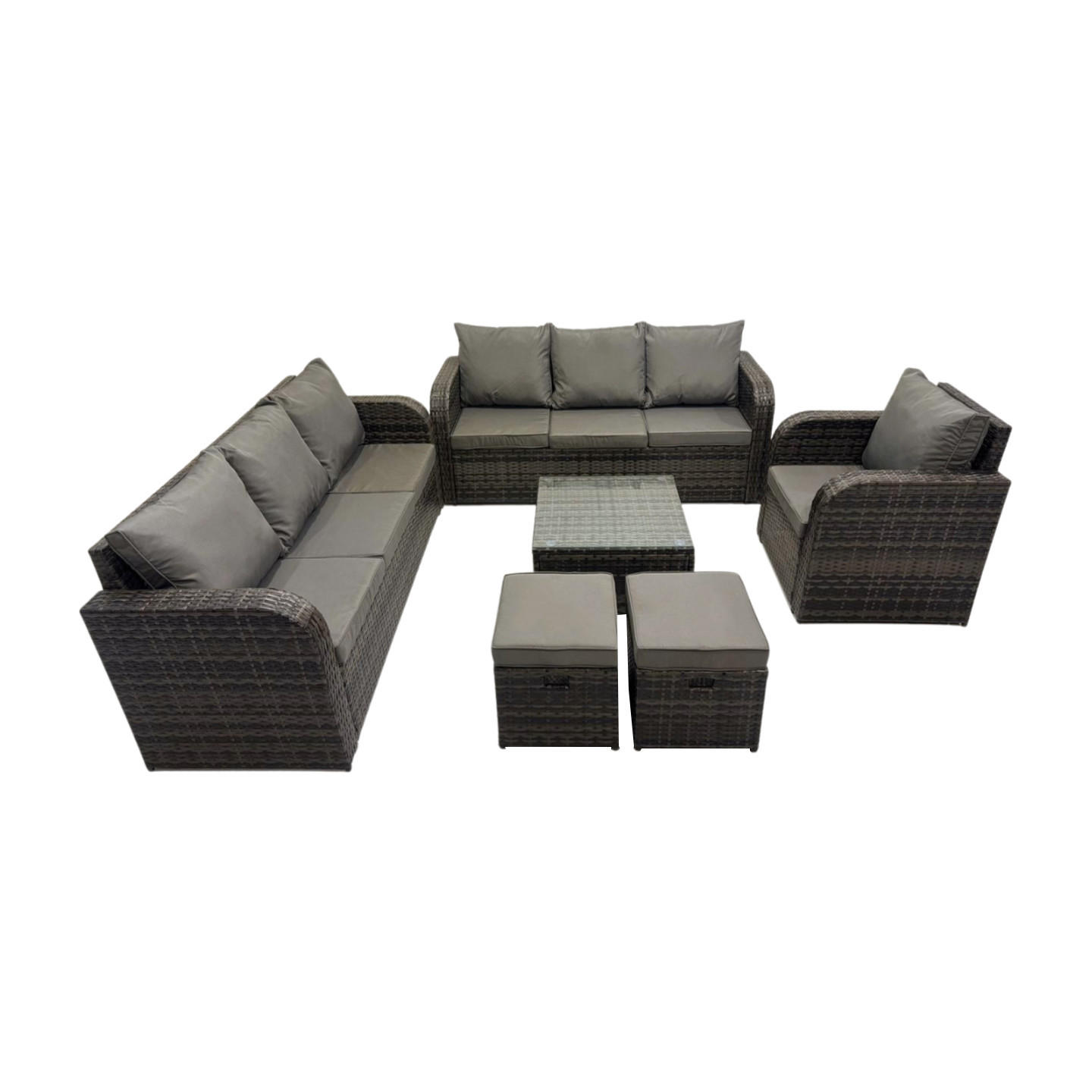 GARTENMÖBEL SET mit 3-SITZER SOFA Polyrattan Dunkelgrau 9-Sitzer - Dunkelgrau/Grau, Glas/Kunststoff - Fimous