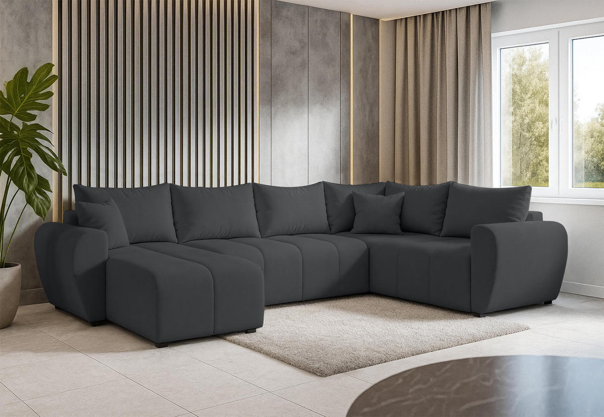 WOHNLANDSCHAFT Malatya U Form MAX Dunkelgrau 311/145/82 cm mit Schlaffunktion - Dunkelgrau/Schwarz, Kunststoff/Textil (208/82/303cm) - AX Living