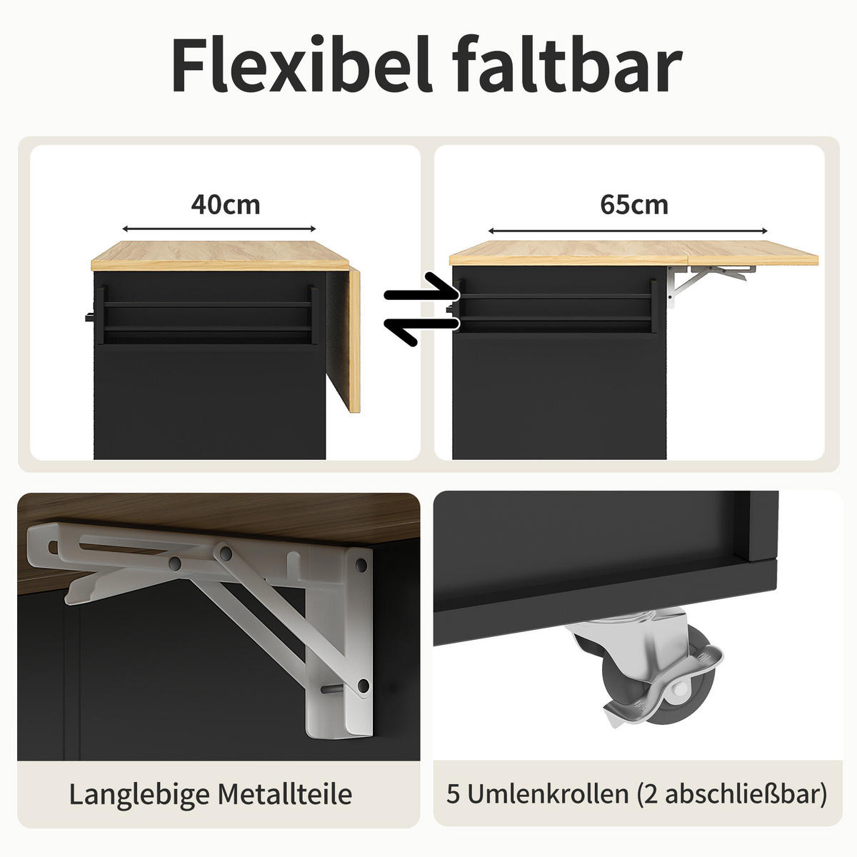 KÜCHENWAGEN 104x39.5x91.5cm Schwarz mit 3 Schubladen & Weinrutsche - Schwarz, Holzwerkstoff (104/91.5/39.5cm) - Modfu