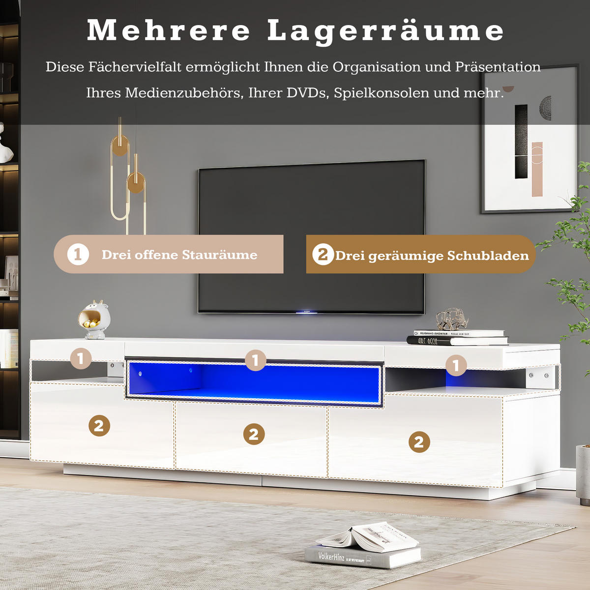 TV-ELEMENT in Weiß TV Schrank mit LED-Beleuchtun,Schubladen,B160/T39/H42cm - Weiß, Holzwerkstoff (160/42/39cm) - STILVORA