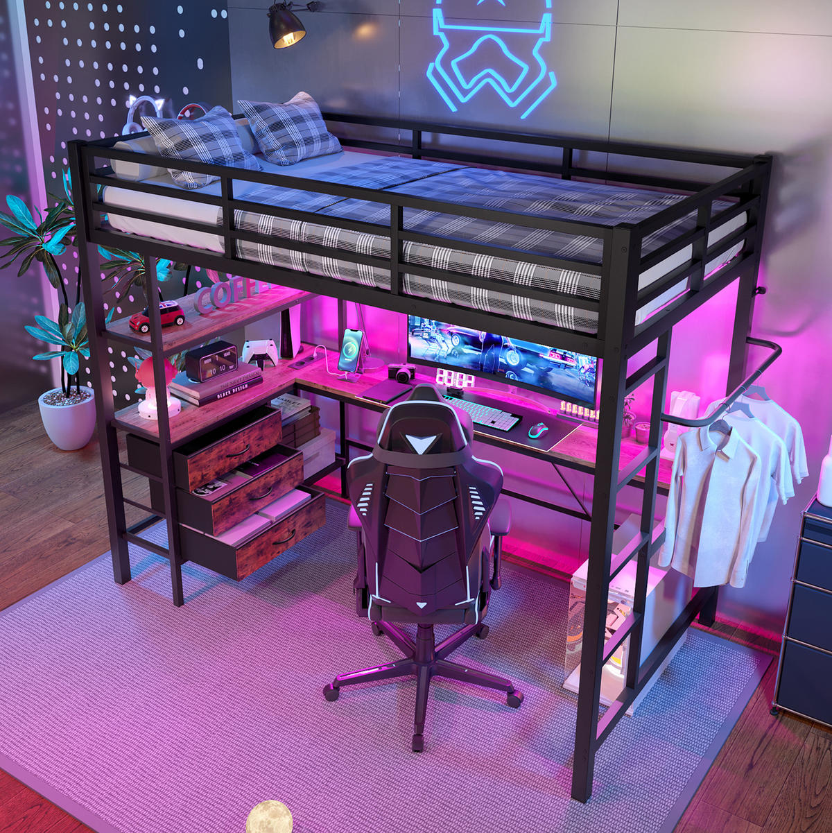 HOCHBETT 90/200 cm Schwarz mit LED und Schreibtisch ohne Matratze - Schwarz, Metall (90/200cm) - MIVRAY