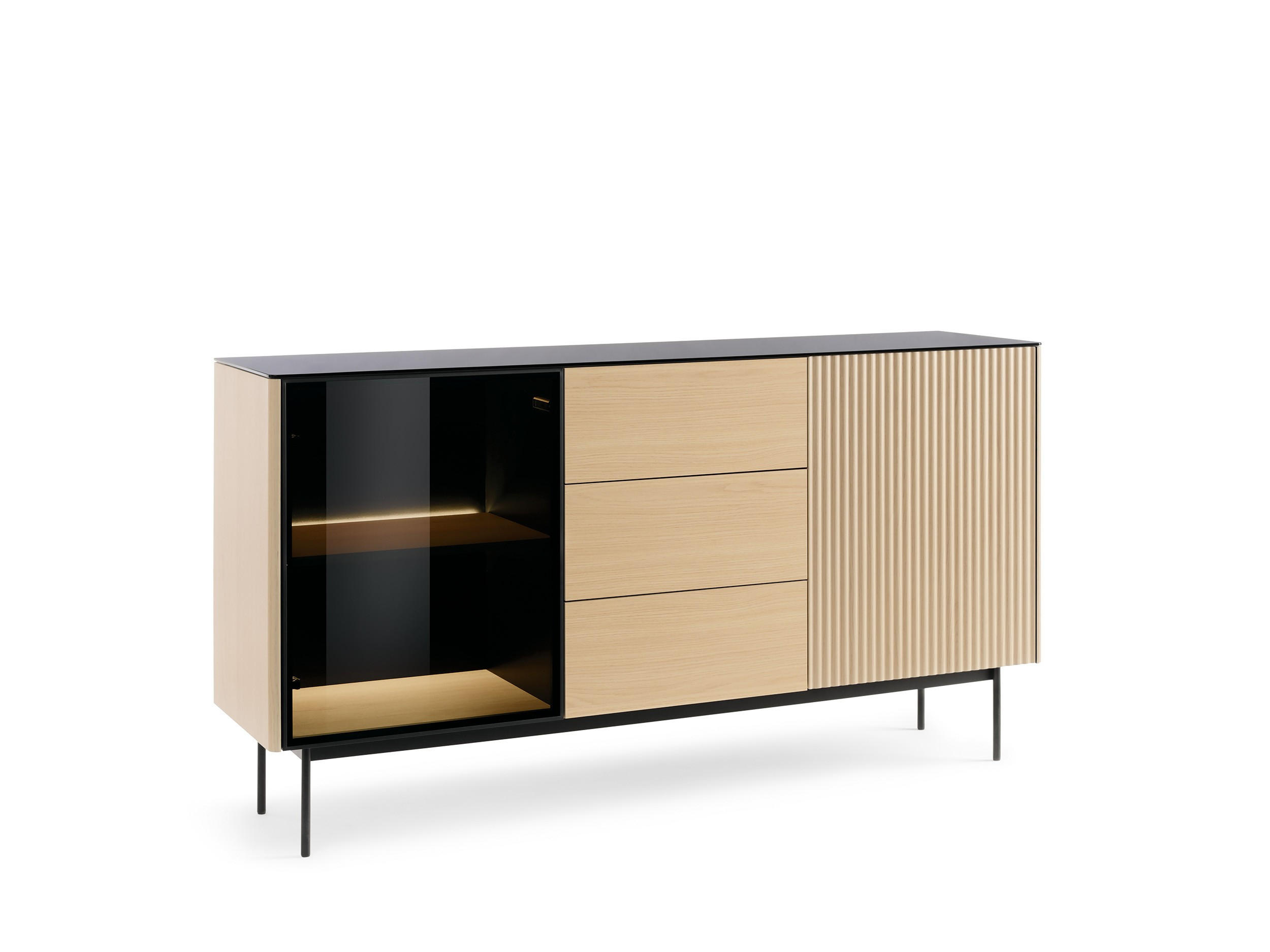 KOMMODE Rita Vincenza Eiche, zweitürige, verglaste Kombikommode mit LED beleuchtung - Eichefarben/Schwarz, Holzwerkstoff (157/84/39cm) - Bettso