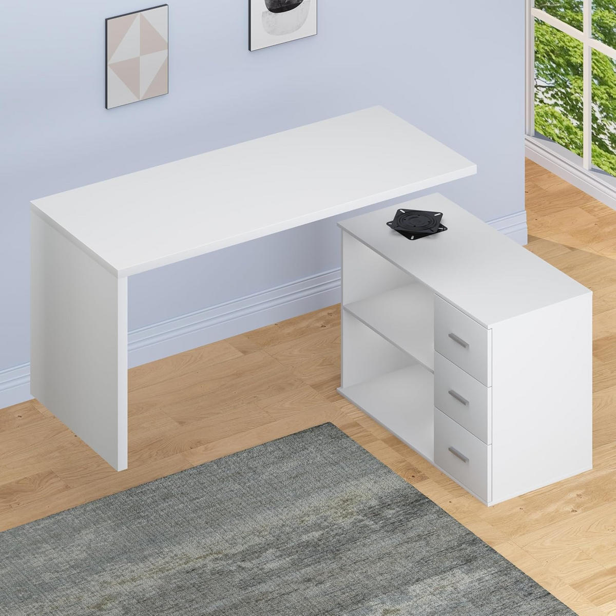 SCHREIBTISCH drehbar mit Schubladen 140 x 50 x 76 cm - Weiß, Holzwerkstoff/Metall (50/140/76cm) - Quality Elegance