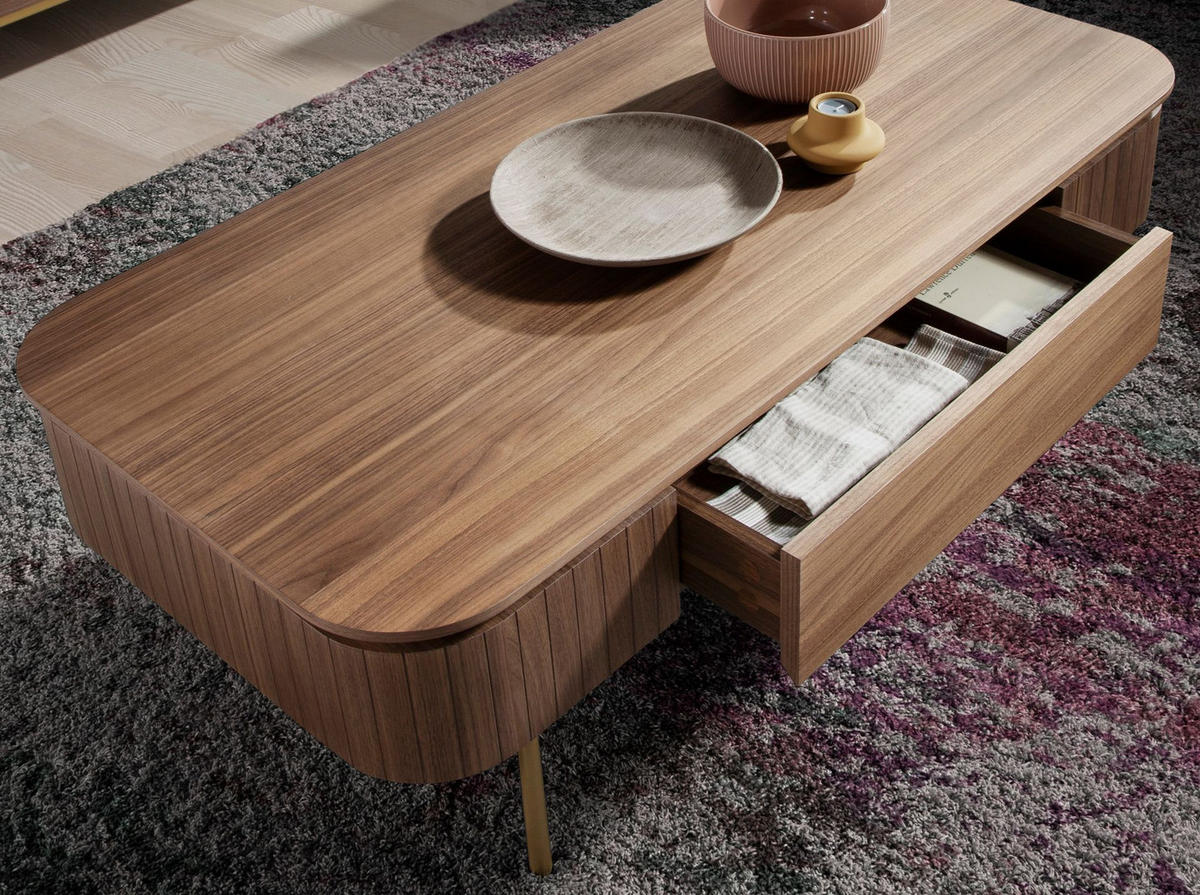 COUCHTISCH Rechteckiger Couchtisch aus Nussbaum und goldfarbenem poliertem Stahl 120/60/37 cm - Nussbaumfarben/Goldfarben, Holz/Holzwerkstoff (60/120/37cm) - ANGEL CERDA