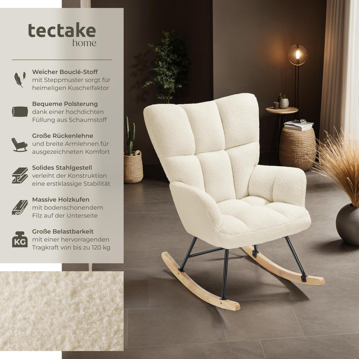 SCHAUKELSTUHL Torve,68 x 96 x 97 cm, Belastbarkeit 120 kg,Bouclé beige - Beige, Kunststoff (70/97/96cm) - tectake