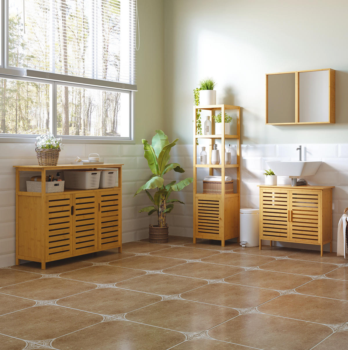 BADEZIMMERREGAL 36x33x140 cm Natur aus Bambus mit Lamellentür - Naturfarben, Naturmaterialen (36/140/33cm) - Modfu
