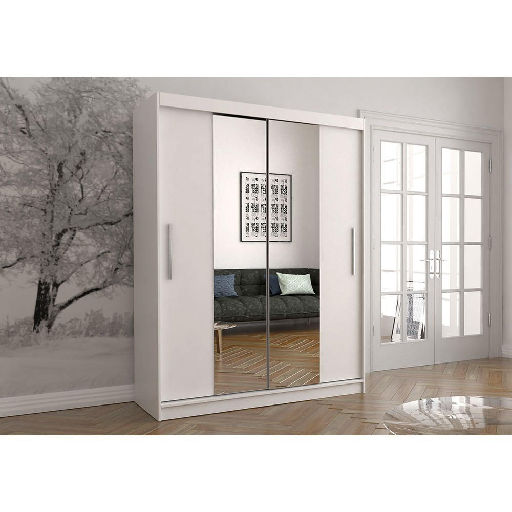 SCHWEBETÜRENSCHRANK 150/200/61 cm 2-türig Vista 01 Weiß/Weiß + Spiegel, mit LED-Beleuchtung - Alufarben/Weiß, Glas/Holzwerkstoff (150/200/61cm) - imoebel24