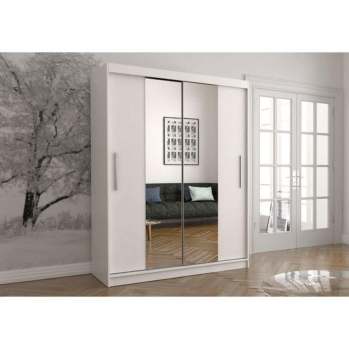 SCHWEBETÜRENSCHRANK 150/200/61 cm 2-türig Vista 01 Weiß/Weiß + Spiegel, mit LED-Beleuchtung - Alufarben/Weiß, Glas/Holzwerkstoff (150/200/61cm) - imoebel24