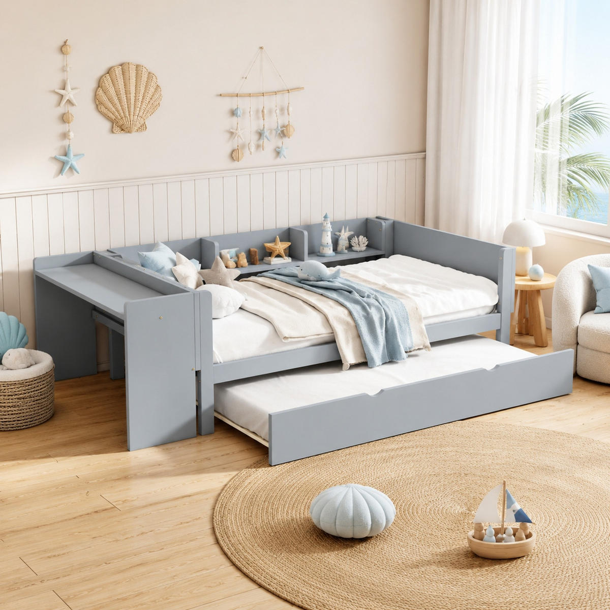 JUGENDBETT 90/200 mit Ausziehbett, Schreibtisch, 3 Regalen und Lattenrost in Grau - Grau, Holzwerkstoff (90/200cm) - EVRYAE