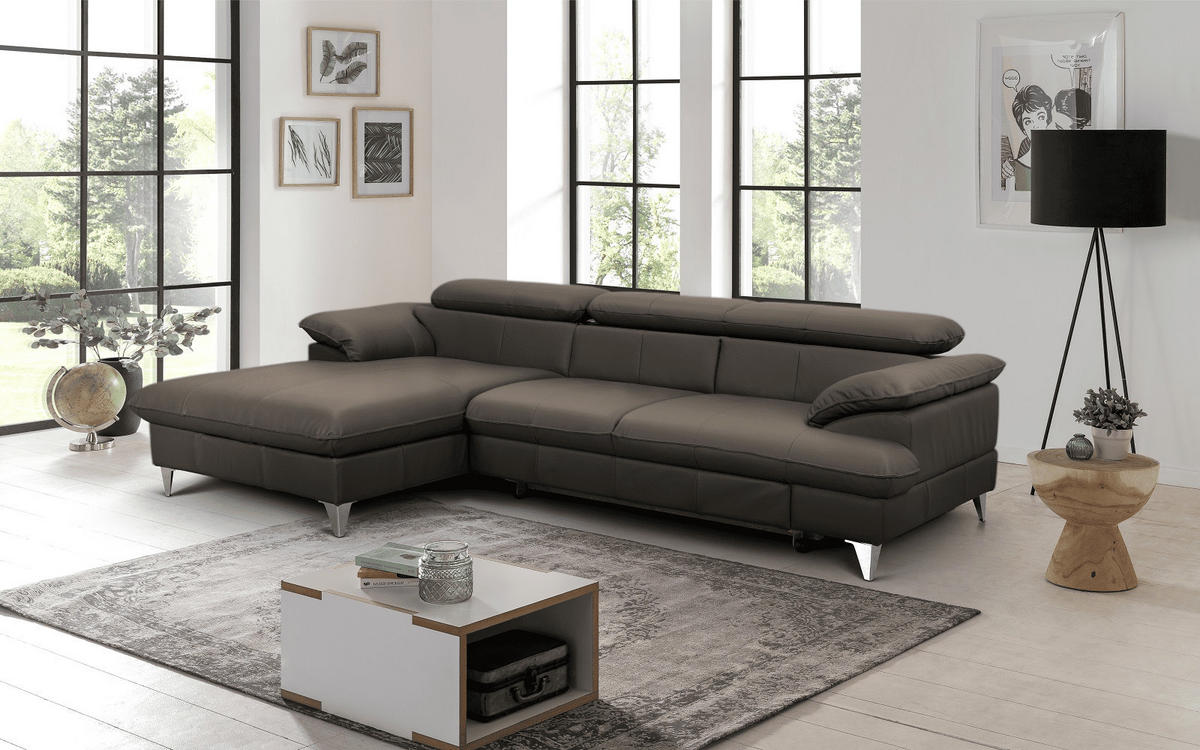 ECKSOFA mit Schlaffunktion und Bettkasten, Echtleder - Chromfarben/Dunkelgrau, Leder/Holz (254/167cm) - Cotta