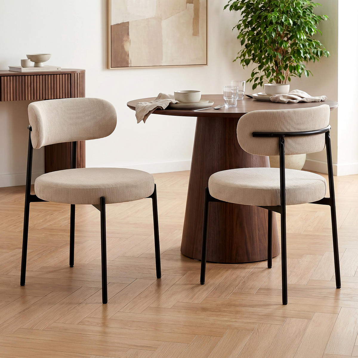 STÜHLE 2er-Set gepolstert aus beigem Cord-Samt mit schwarzem Metallgestell IRIS - Beige/Schwarz, Textil/Metall (53.5/80/49.5cm) - Sicaan