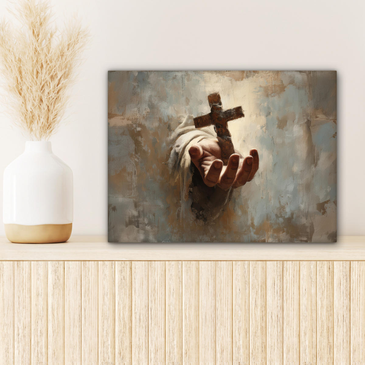 LEINWANDBILD Abstrakt - Kreuz - Hand - Christentum Wandbild 40x30 cm - Hellbraun, Textil (40/30cm) - MuchoWow