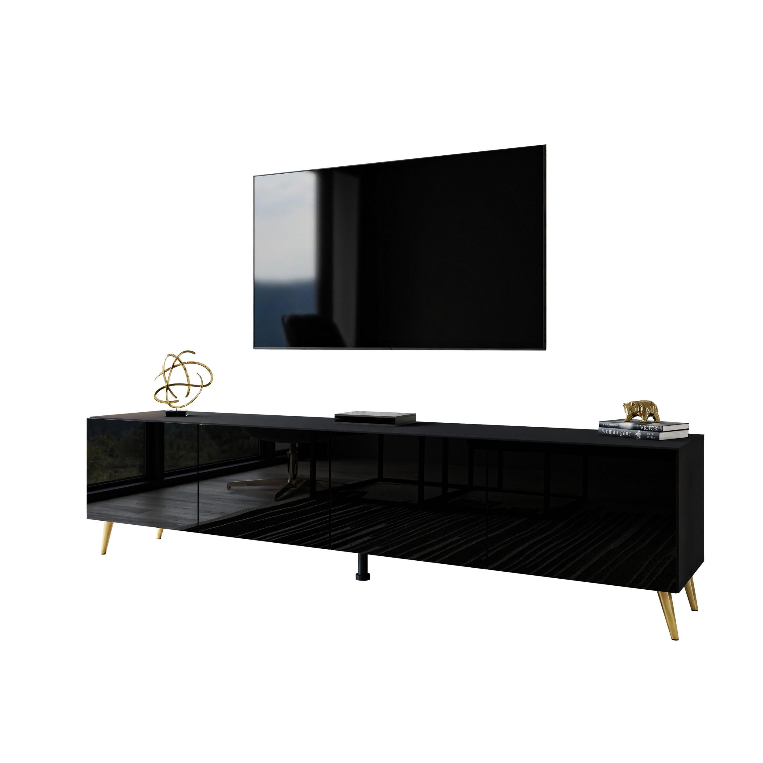TV-ELEMENT AURA 200 Schwarz Hochglanz – Beinfarbe: Gold - Schwarz, Holzwerkstoff (200/49/40cm) - Lookway