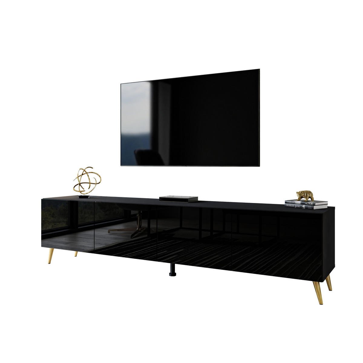 TV-ELEMENT AURA 200 Schwarz Hochglanz – Beinfarbe: Gold - Schwarz, Holzwerkstoff (200/49/40cm) - Lookway