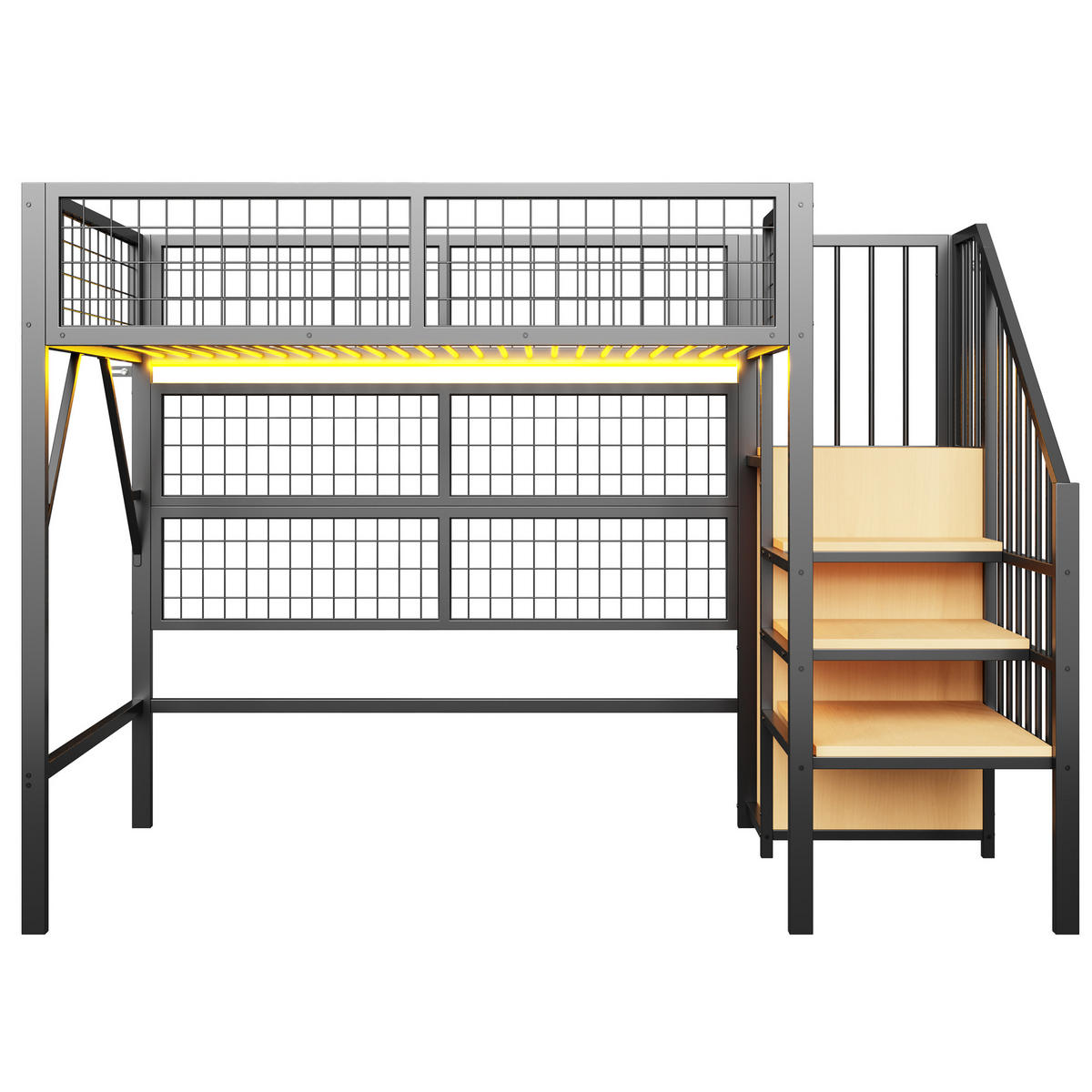 HOCHBETT 90/200 cm DE-01390, in Schwarz, mit LED-App und Stauraumtreppe - Schwarz, Metall (90/200cm) - ComfortXL