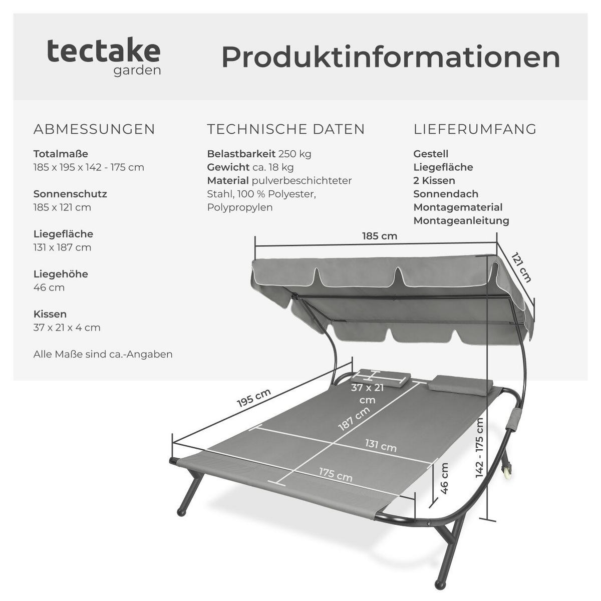 GARTENLIEGE Livorno, 215 x 183 x 150 cm, schwarz/grau - Schwarz/Grau, Kunststoff (185/175/195cm) - tectake