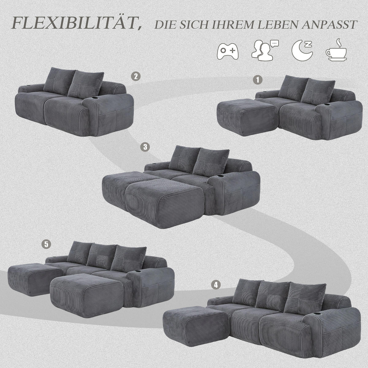 WOHNLANDSCHAFT 268/174/66 cm in Dunkelgrau, modular mit Cupholder und Seitentasche - Dunkelgrau, Textil (174/80/268cm) - Flora Grace