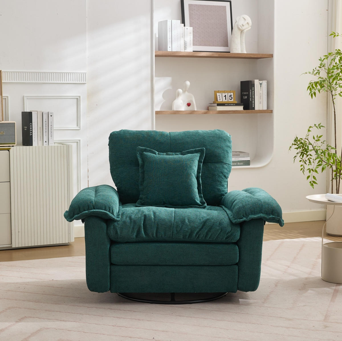 KRESLO z chenille zelenej farby, 360° otočné, oversized, s podporným vankúšom,84/116/96 cm - zelená, textil (84/96/116cm) - BEAOK