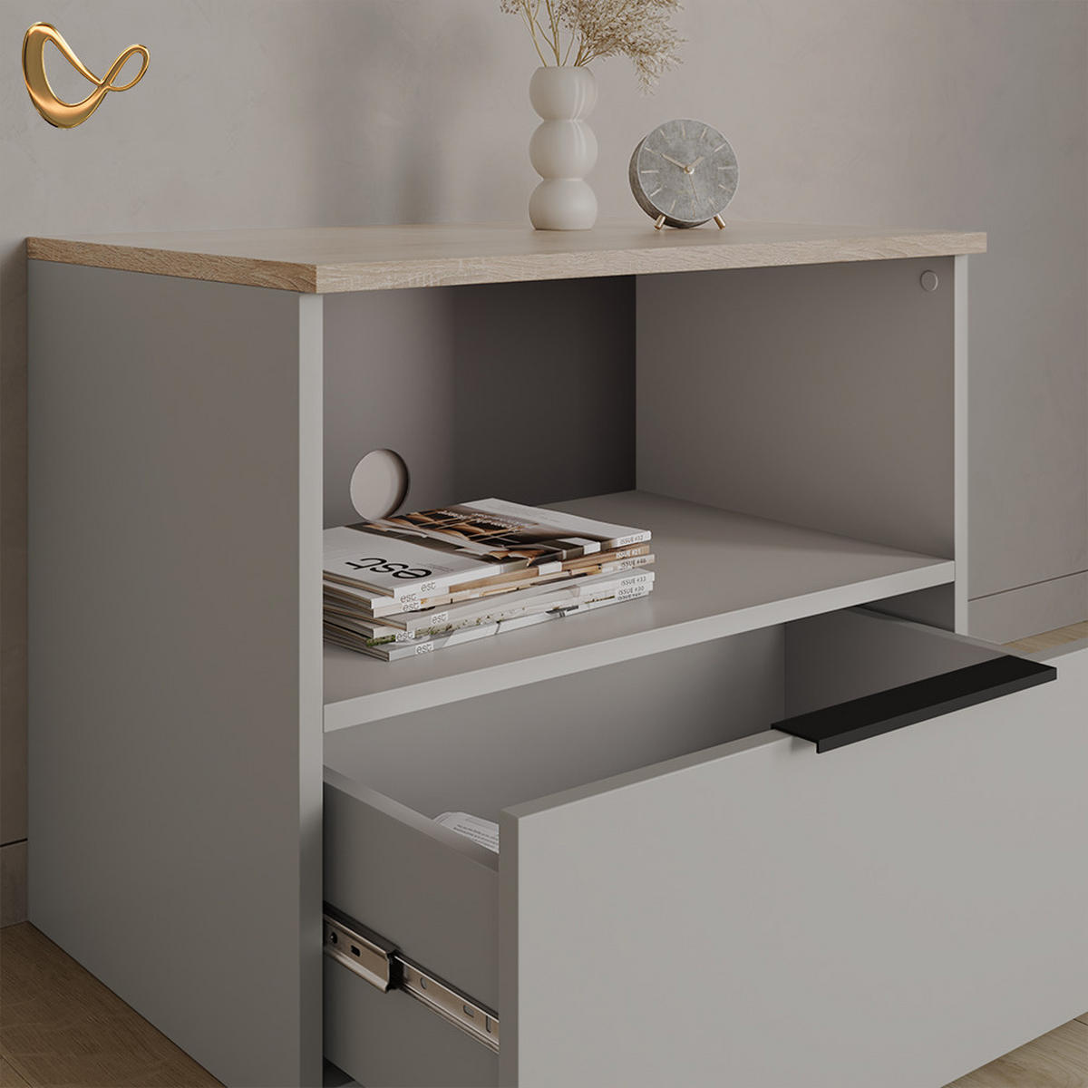 LOWBOARD Piave Greige 60 x 50 cm mit Schublade - Greige, Holzwerkstoff (60/50/40cm) - Livinity®