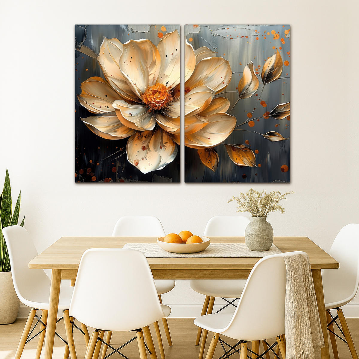 LEINWANDBILD 2er Set Blume - Gold - Abstrakt - Farbe 120x90 cm - Creme, Textil (120/90cm) - MuchoWow