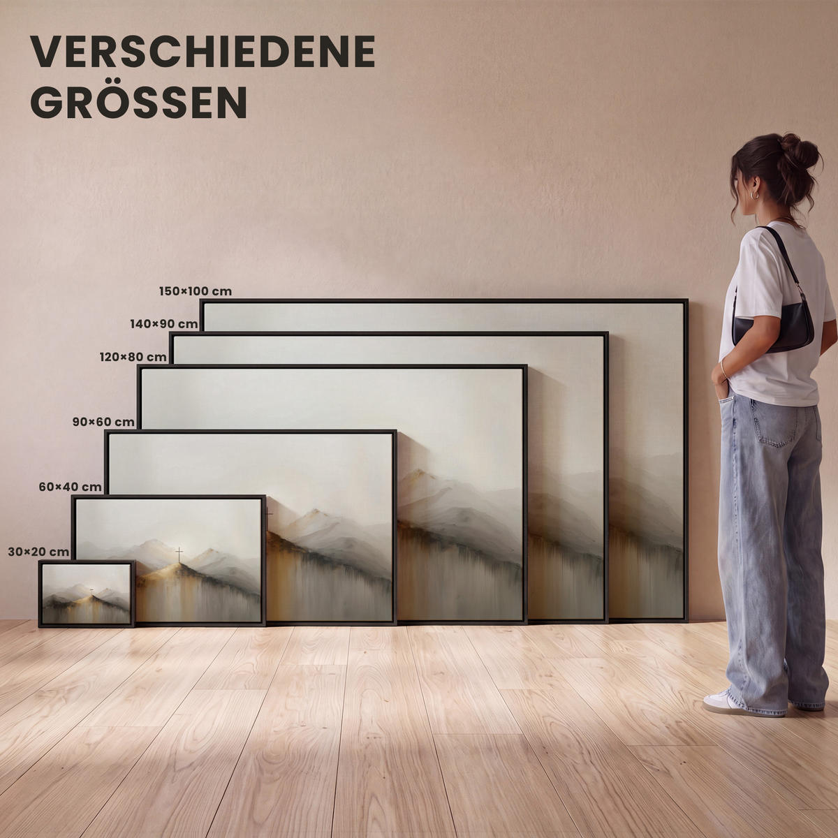 LEINWAND Bilder mit Rahmen - Hügel - Abstrakt - Kreuz - Christentum - 140x90 - Beige, Textil (140/90cm) - MuchoWow