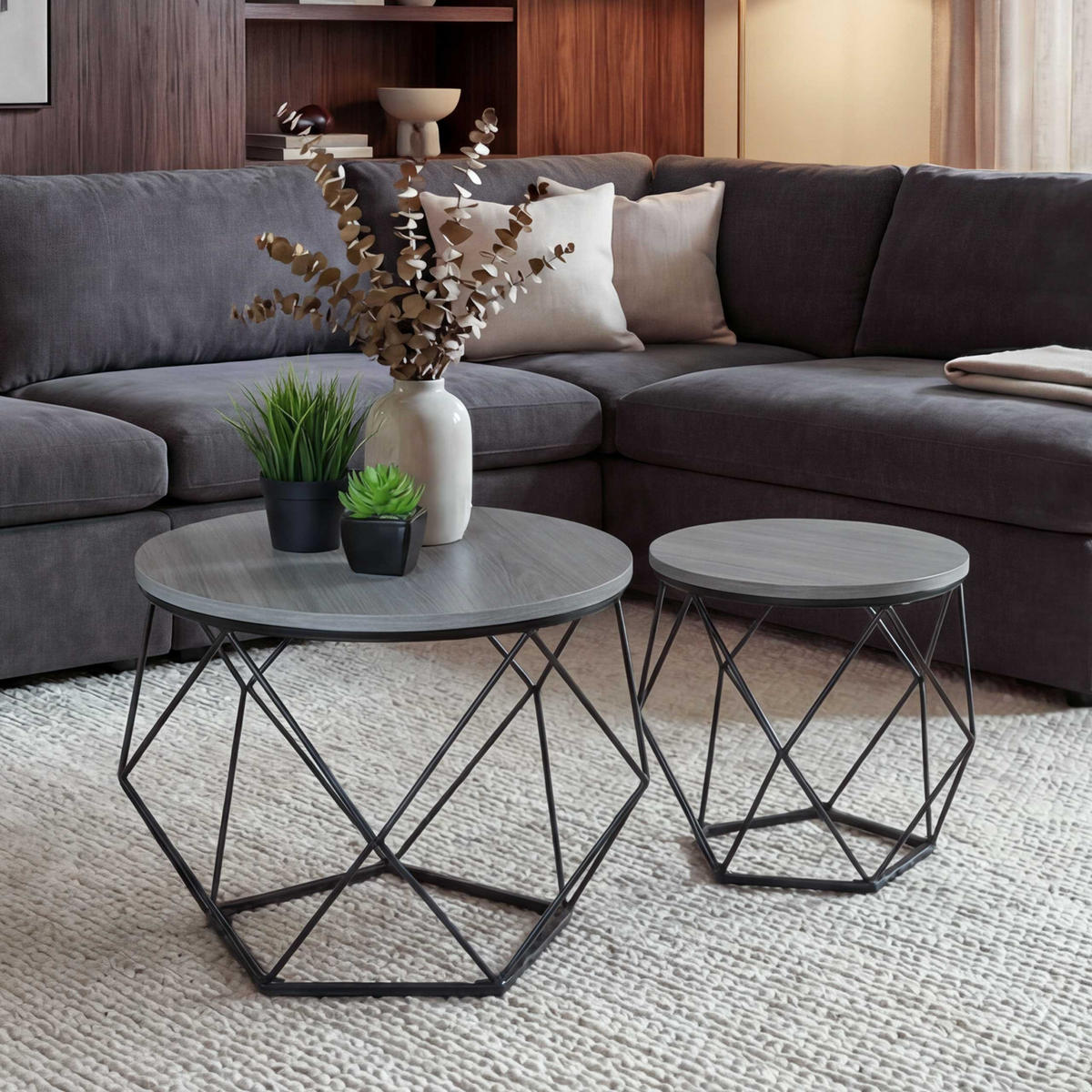 COUCHTISCH-SET rund Eiche Grau Dekor - Silbereichenfarben, Holz (52/52/42cm) - MCW