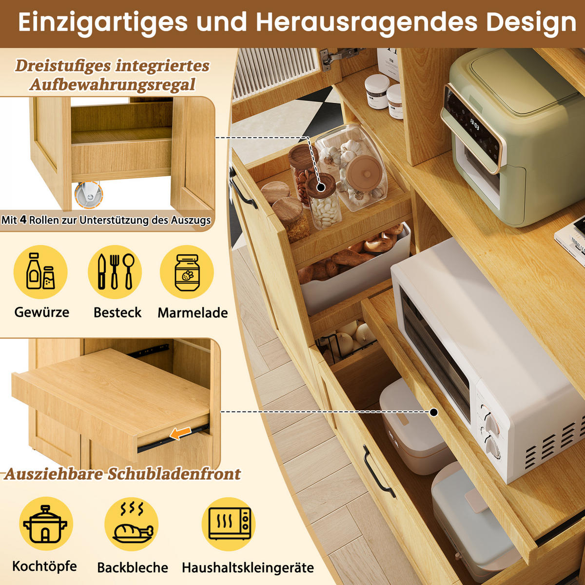 HIGHBOARD 98/40/177 cm in Natur mit Riffelglas und ausziehbaren Regalböden - Naturfarben, Holzwerkstoff (98/177/40cm) - Flora Grace