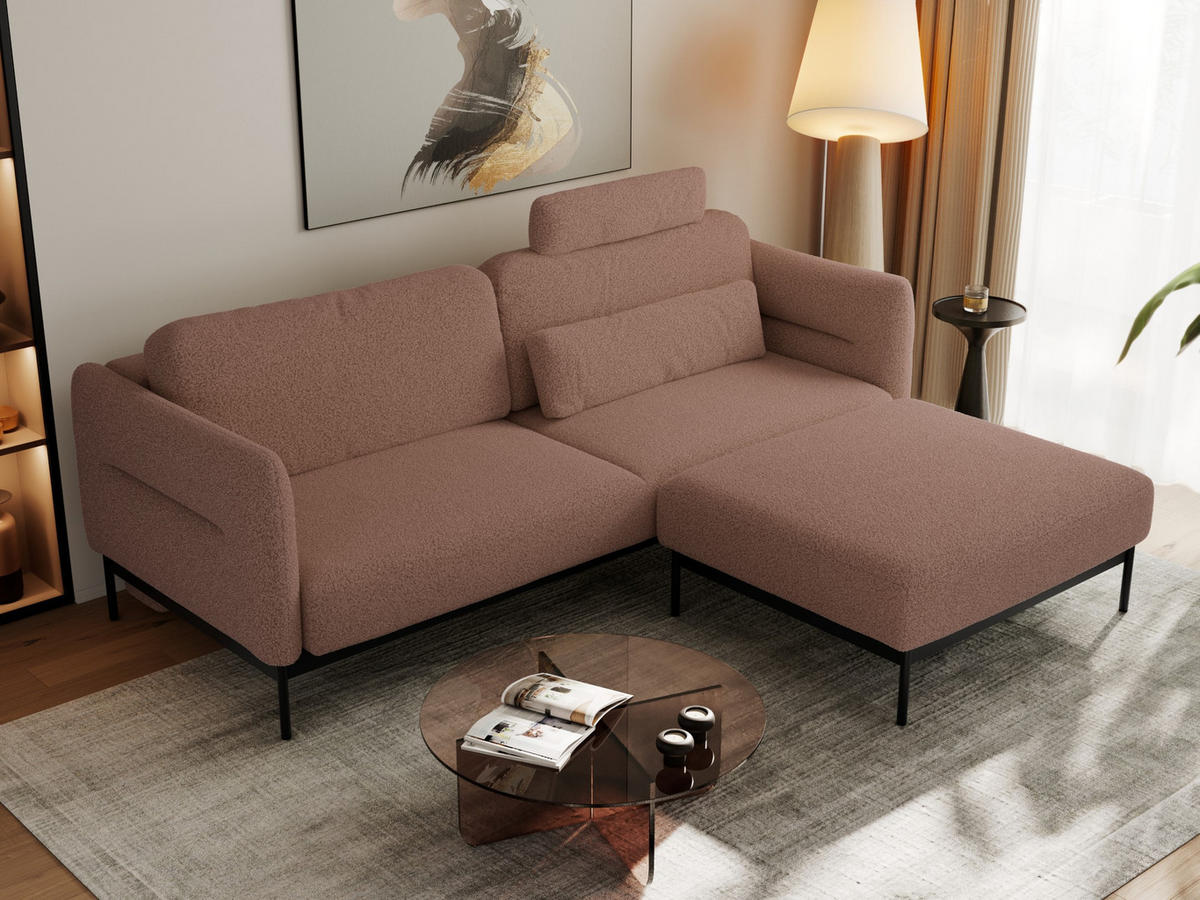 SCHLAFSOFA SALENTO Rosa Boucle - Schwarz/Rosa, Textil/Metall (221/82/193cm) - MKS