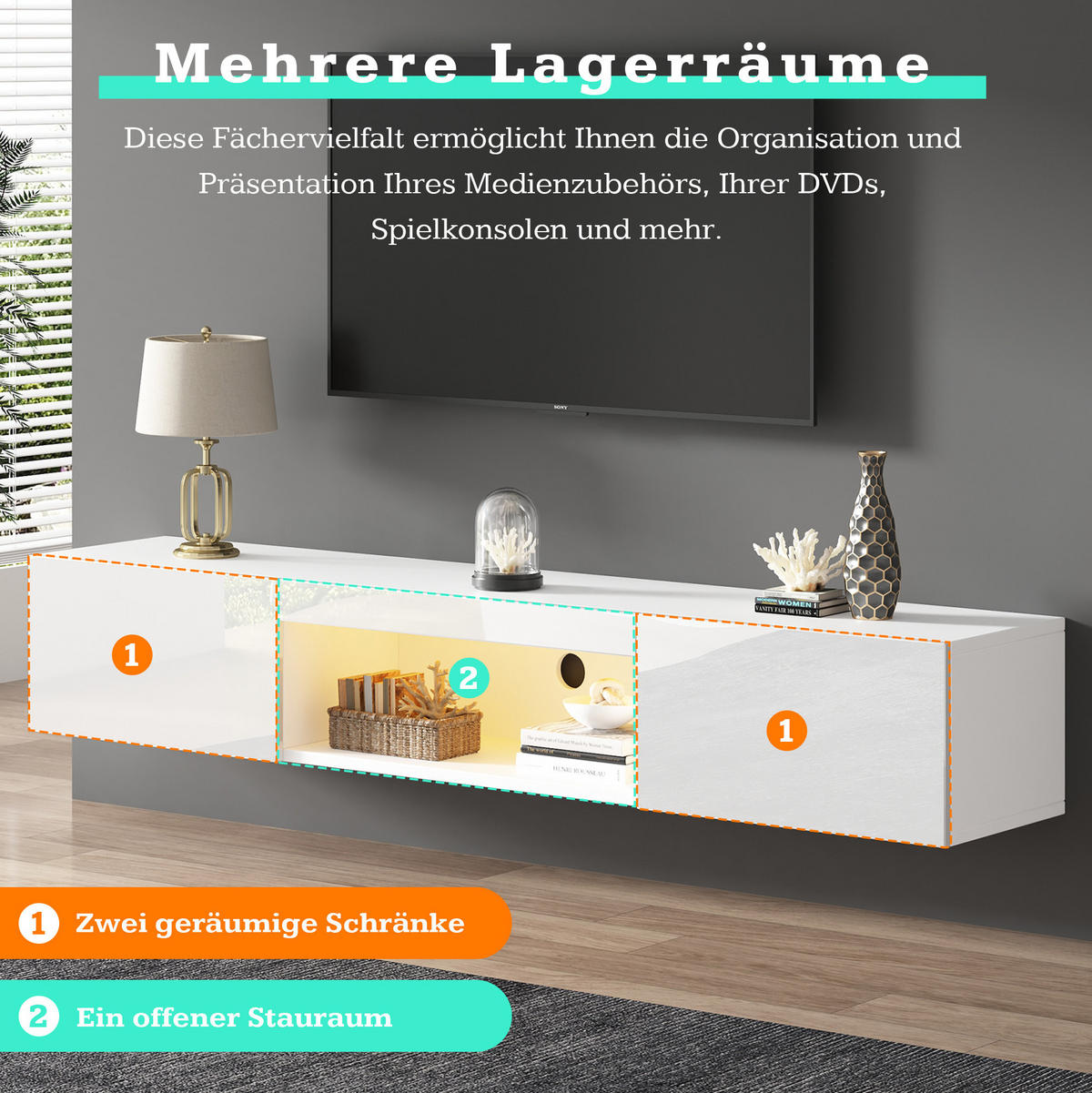 TV-WANDBOARD 160/31/22 cm Weiß aus Spanplatte mit LED-Beleuchtung - Weiß, Holzwerkstoff (160/22/31cm) - OKWISH