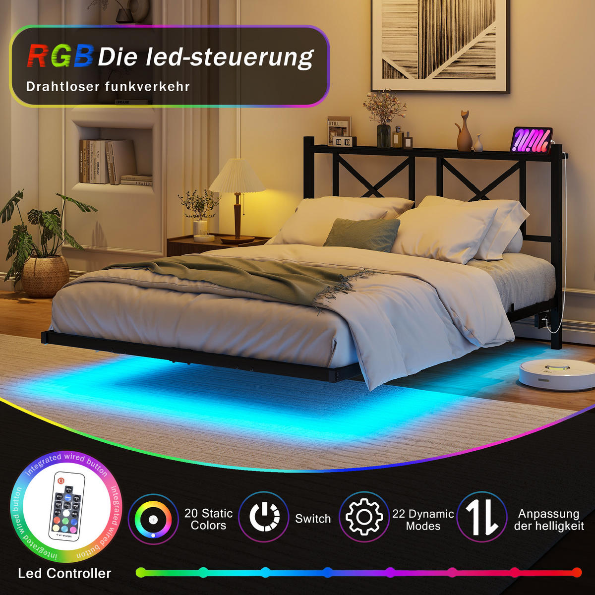 METALLBETT 120x200 cm LED USB Kopfteil - Schwarz, Metall (120/200cm) - Fortuna Lai