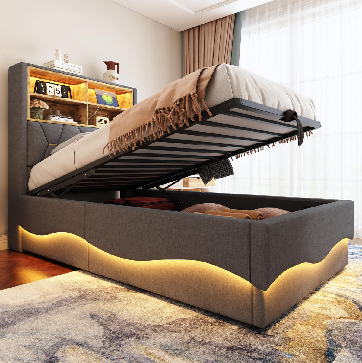 KINDERBETT 90/200 cm aus Metall mit LED-Lichtband, USB-Anschluss und Stauraum Grau - Grau, Metall (90/200cm) - Modenvie