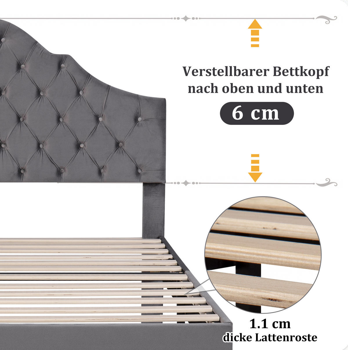 POLSTERBETT 90/200 cm mit Lattenrost und gepolstertem Kopfteil aus Samt, Grau - Grau, Textil (90/200cm) - Redom