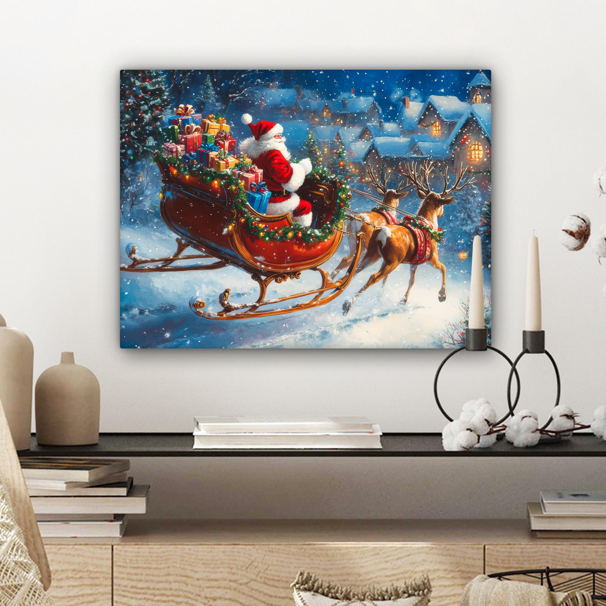 LEINWANDBILD Weihnachtsmann - Rentier - Weihnachten - Schnee 40x30 cm - Cognac, Textil (40/30cm) - MuchoWow