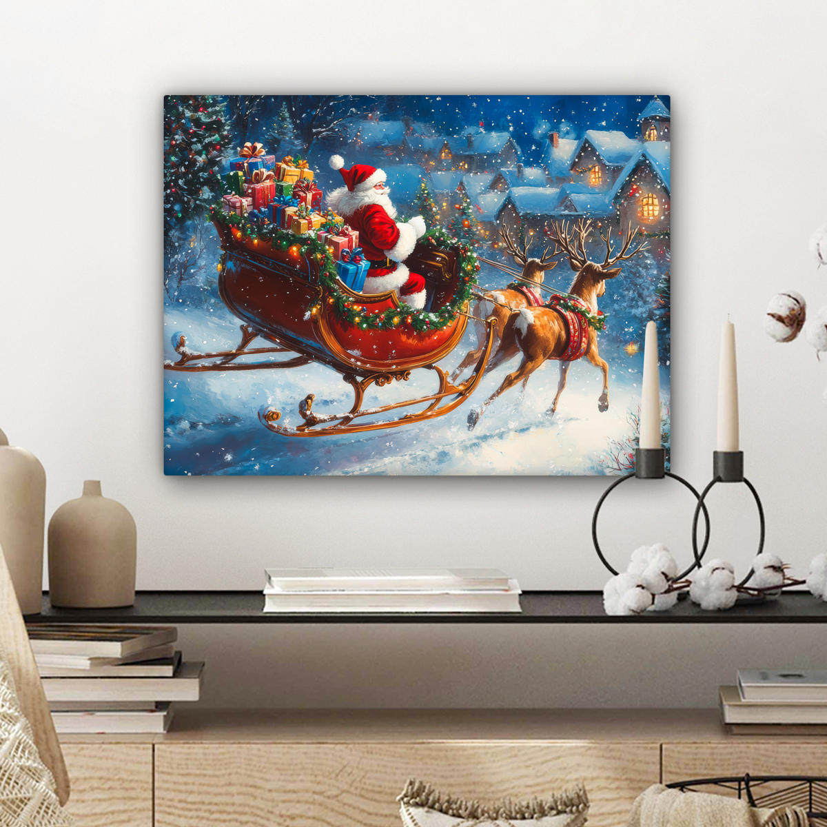 LEINWANDBILD Weihnachtsmann - Rentier - Weihnachten - Schnee 40x30 cm - Cognac, Textil (40/30cm) - MuchoWow