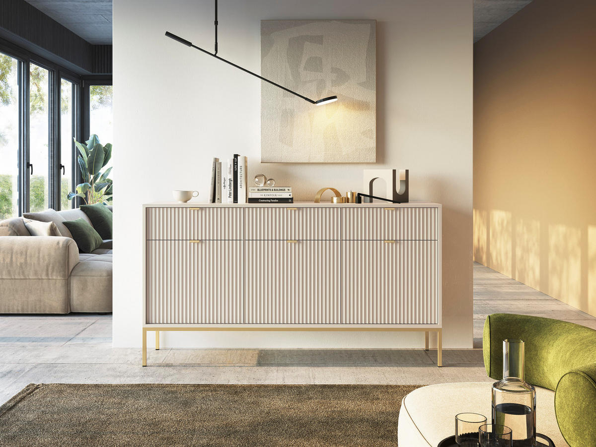 KOMMODE: 3 Schubladen, 3 Türen, Kaschmir, Gold, 154 x 83 x 39 cm, goldene Griffe - Beige/Goldfarben, Holzwerkstoff/Metall (154/83/39cm) - 3XE LIVING