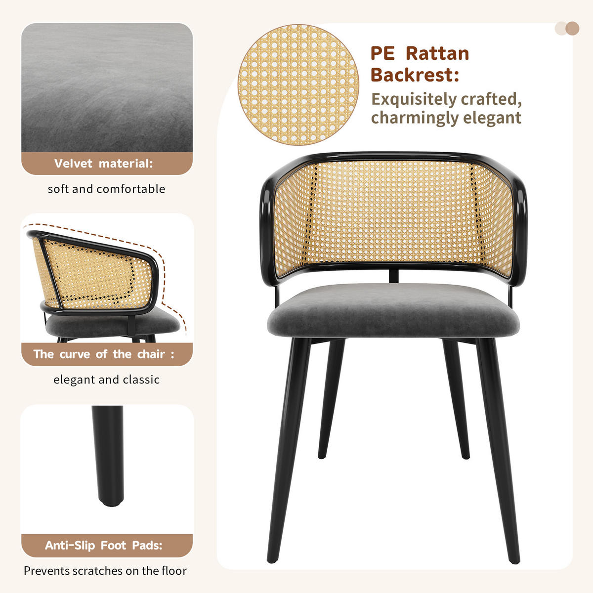 ESSZIMMERSTUHL 2-Tlg Rattan Rückenlehne, Samt Sitz, Wohnzimmer - Multicolor, Metall (47/79/47cm) - FLIEKS