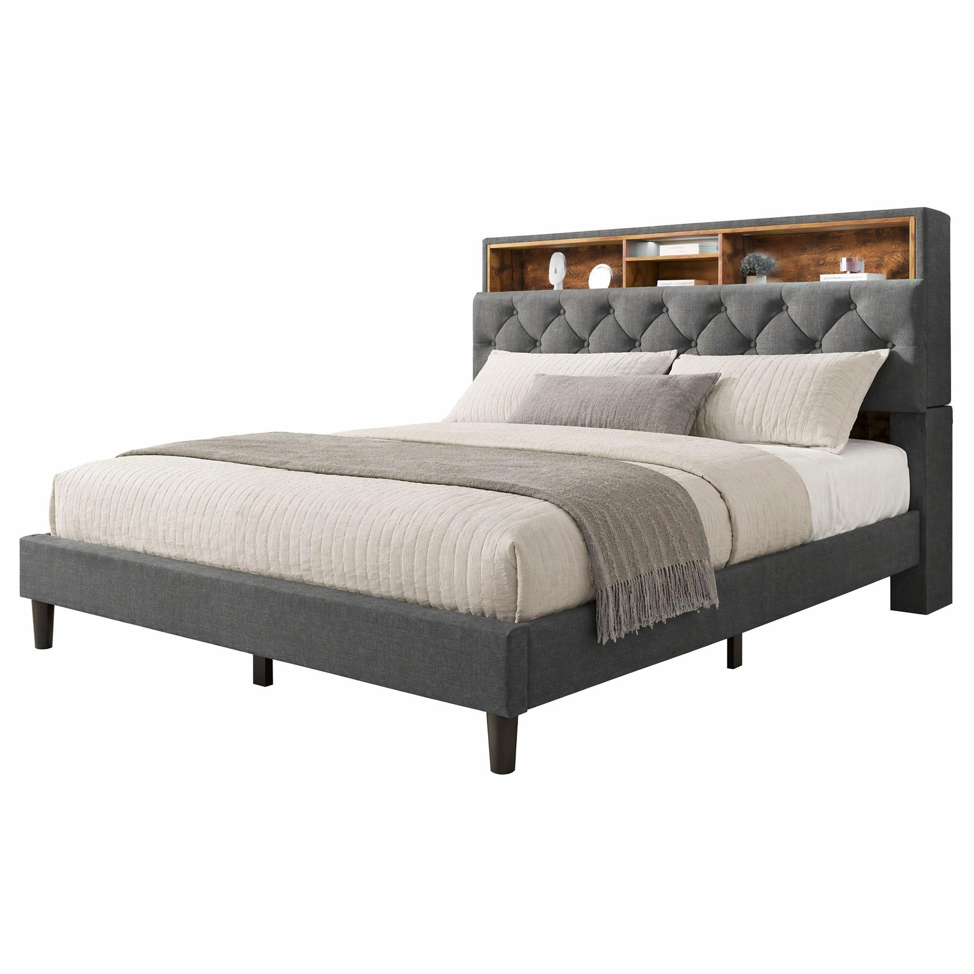 POLSTERBETT 140/200 cm in Grau mit Stauraum-Kopfteil, LED und Lattenrost - Grau, Holzwerkstoff/Textil (140/200cm) - CHICFURN