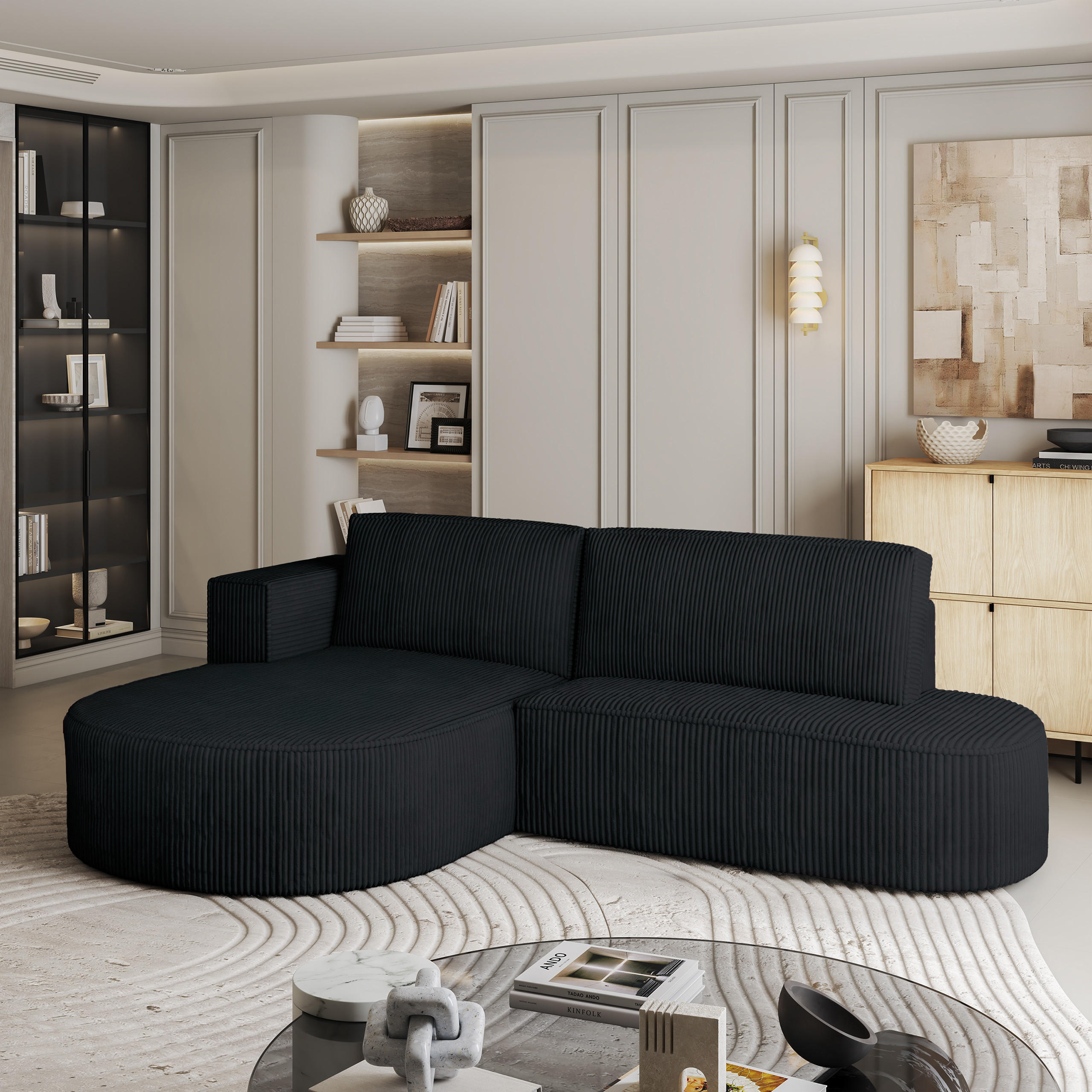 ECKSOFA CORTIO P L-S Schwarz Kordstoff mit Schlaffunktion - Schwarz, Holz (265/174cm) - MASSENO