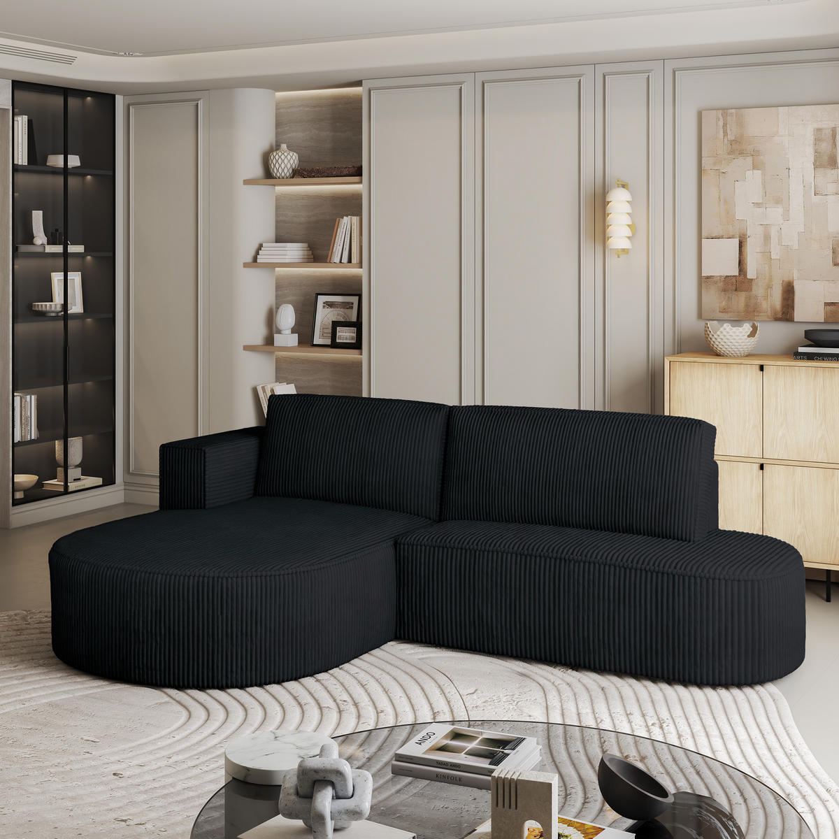 ECKSOFA CORTIO P L-S Schwarz Kordstoff mit Schlaffunktion - Schwarz, Holz (265/174cm) - MASSENO