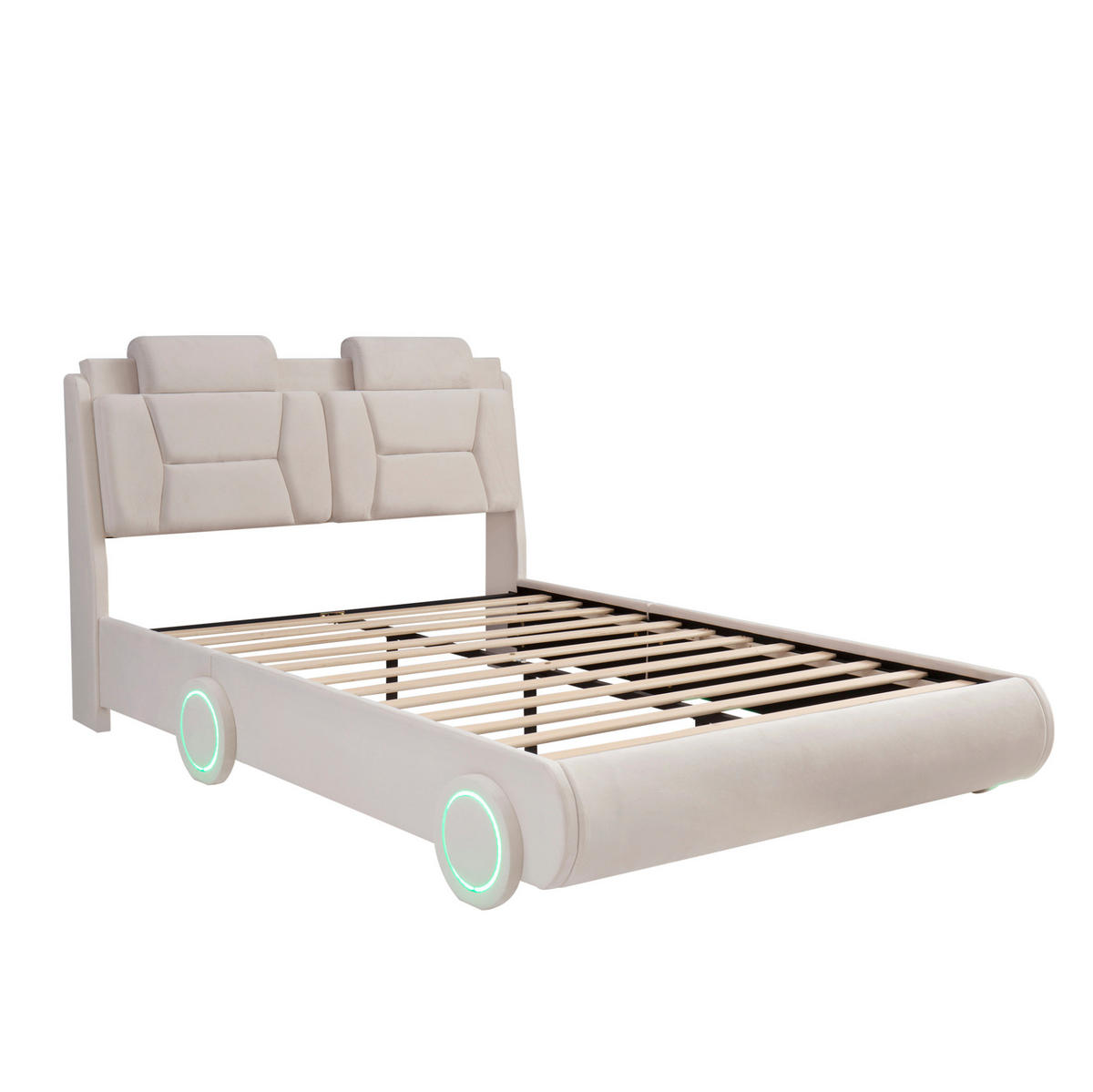 KINDER-POLSTERBETT aus Flanell 140x200 cm Beige im Auto-Design mit höhenverstellbarem Kopfteil - Beige, Textil (140/200cm) - Modfu
