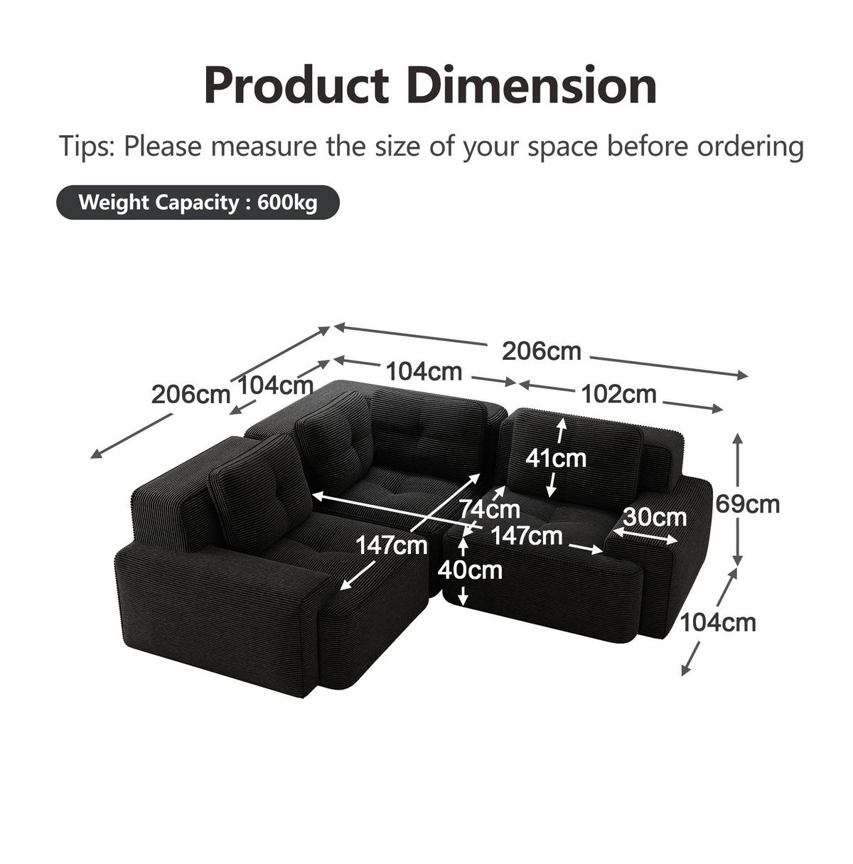 ECKSOFA modular mit tiefer Sitzfläche Cord Schwarz - Schwarz, Kunststoff (104/177cm) - Meubliv