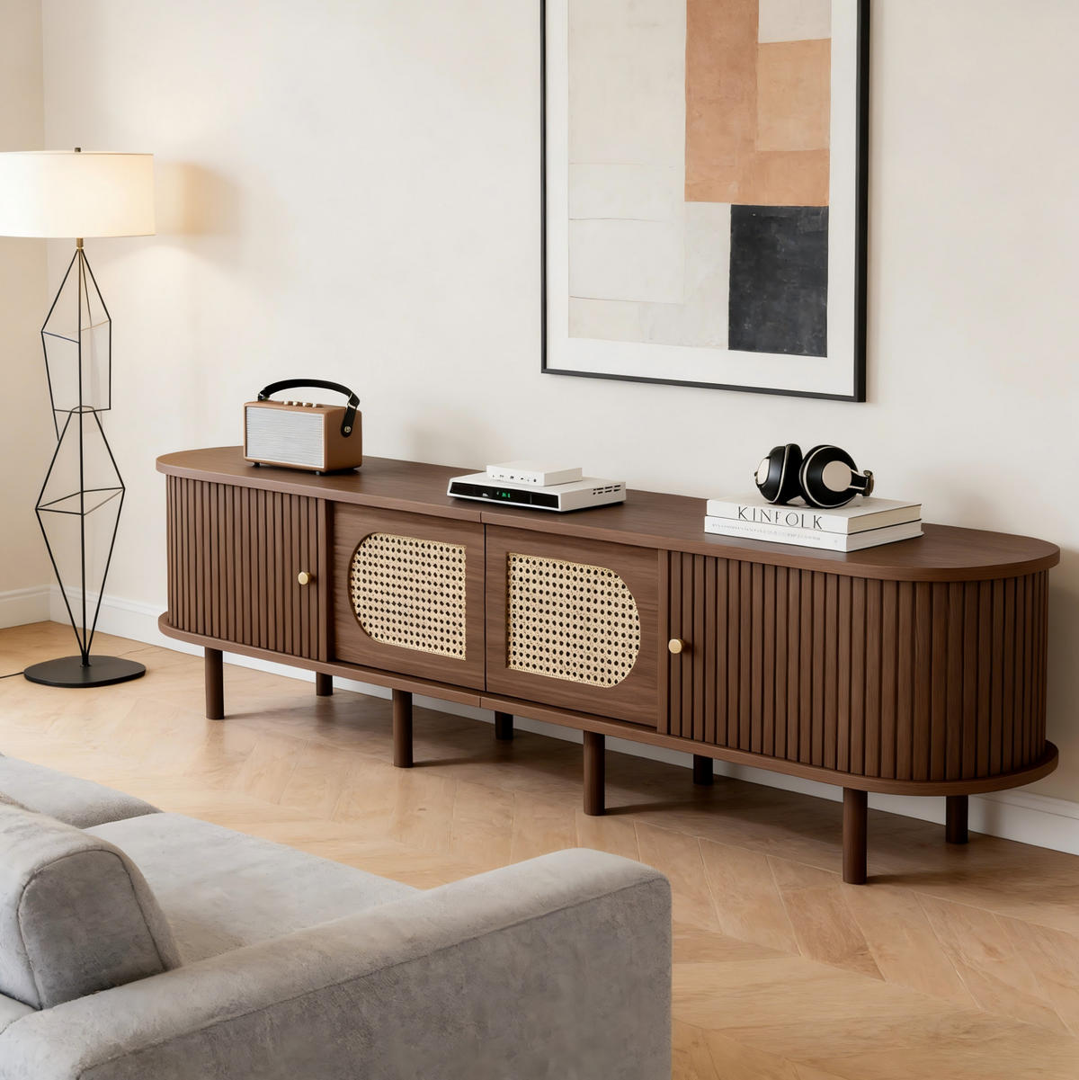 LOWBOARD 180/40/40 cm aus MDF mit Rattan-Fronten und Rollladentüren Walnussfarben - Braun, Holzwerkstoff (180/40/40cm) - Modenvie