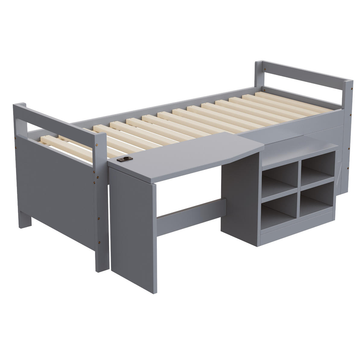 MULTIFUNKTIONSBETT 90/200 cm Grau mit Schreibtisch, Stauraum und Steckdose - Grau, Holz (90/200cm) - MIVRAY