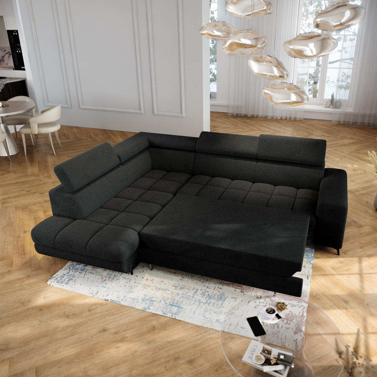ECKSOFA MORIVA Q L-S Schwarz Boucle-Stoff mit Schlaffunktion - Schwarz, Holzwerkstoff/Textil (253/190cm) - MASSENO