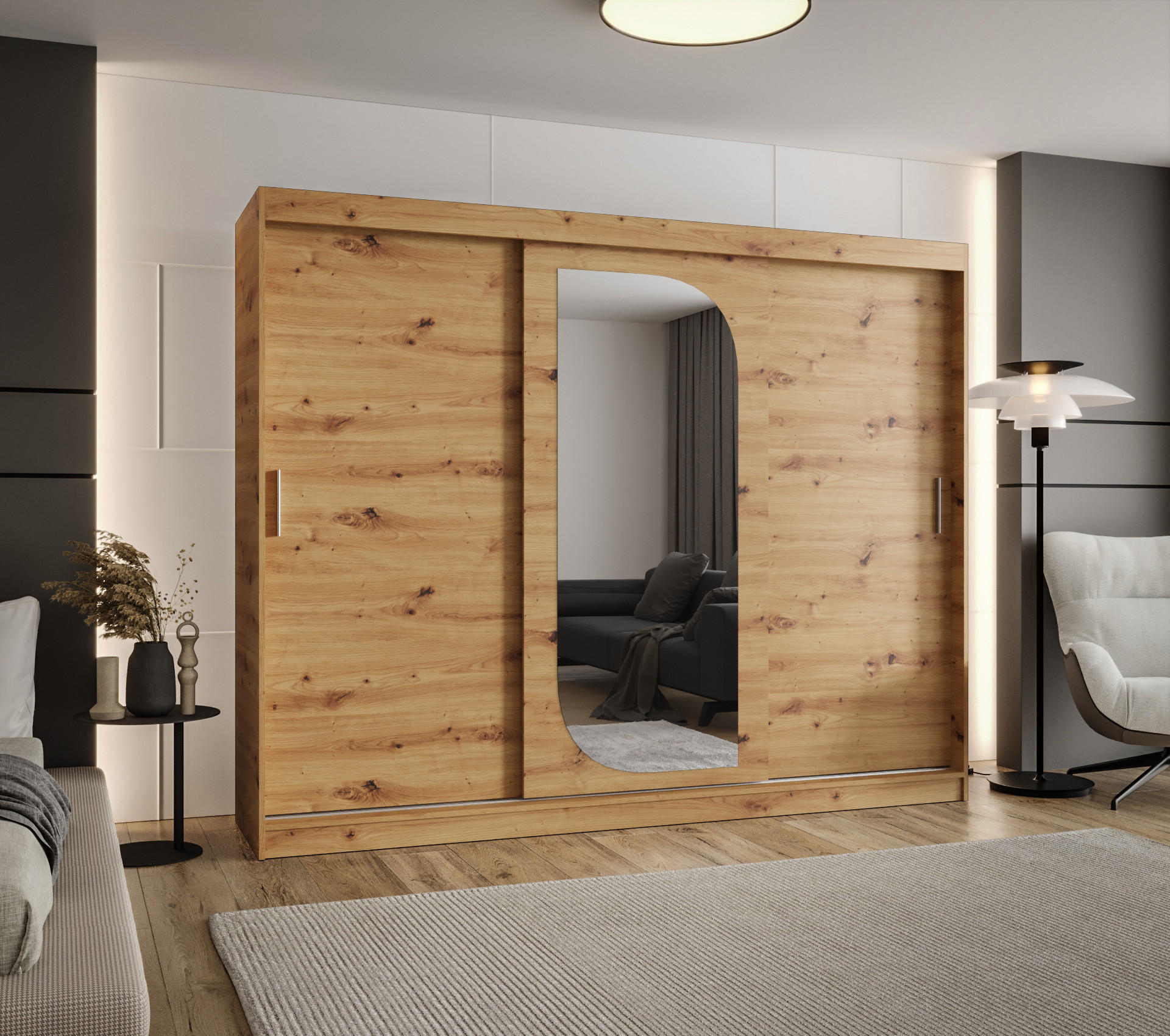 SCHWEBETÜRENSCHRANK 200/250/62 3-türig - Silberfarben/Eiche Artisan, Holz (250/200/62cm) - MÖBEL KRYSPOL