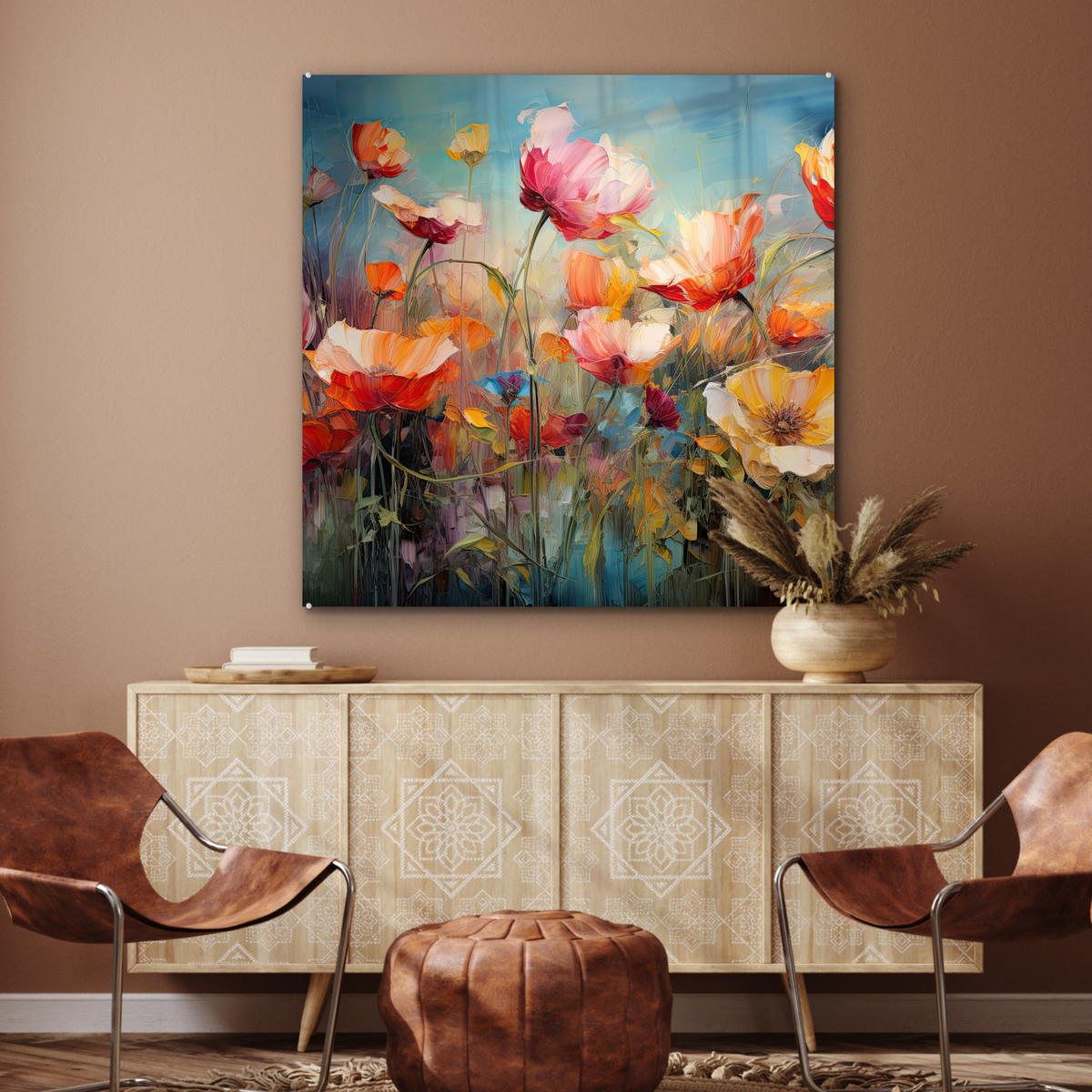 ACRYLGLASBILD Blumen - Aquarell - Kunst - Botanisch - Natur 90x90 cm - Orange, Glas (90/90cm) - MuchoWow