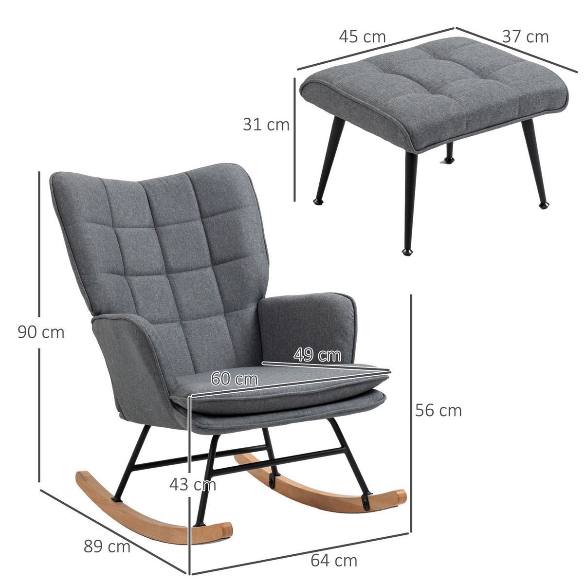 SCHAUKELSTUHL Schwingsessel mit Hocker Armlehnsessel Relaxsessel mit Leinenoptik - Buchefarben/Grau, Holz/Buchenholz (89/90/64cm) - HOMCOM