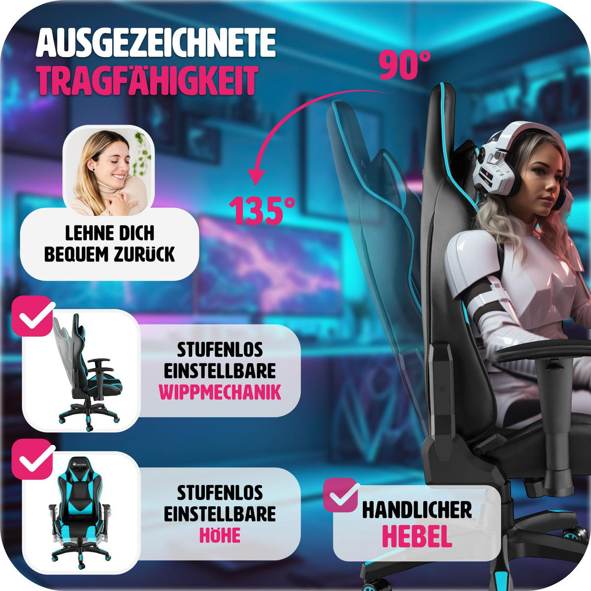 RACING-GAMINGSTUHL Twink,Belastbarkeit 120 kg,schwarz/azur - Schwarz/Hellblau, Textil (68/125/69cm) - tectake