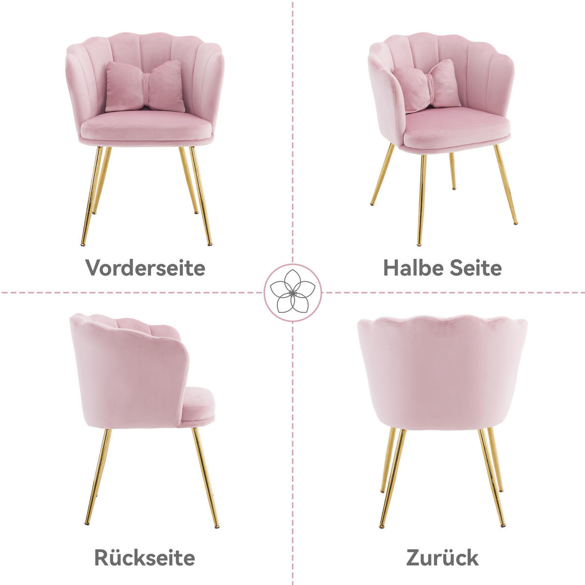 SESSEL Samt Blütenblatt-Rückenlehne Goldfüße & Kissen Rosa - Pink, Holz (62/43/54cm) - FLIEKS
