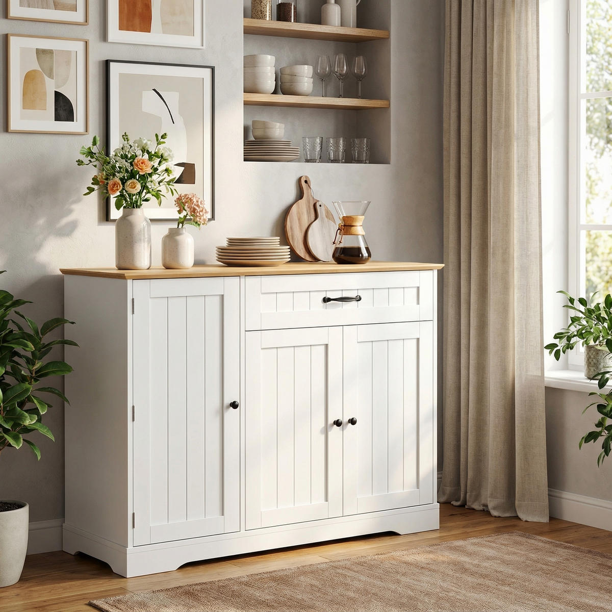 SIDEBOARD in Weiß & Natur mit 3 Türen & Schublade - Weiß Hochglanz, Holzwerkstoff (107/83/40cm) - Urban Meuble